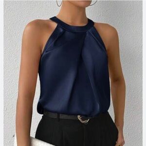 ANN TAYLOR Elegant Sleeveless Ruffle Collar Solid Color Satin Blouse